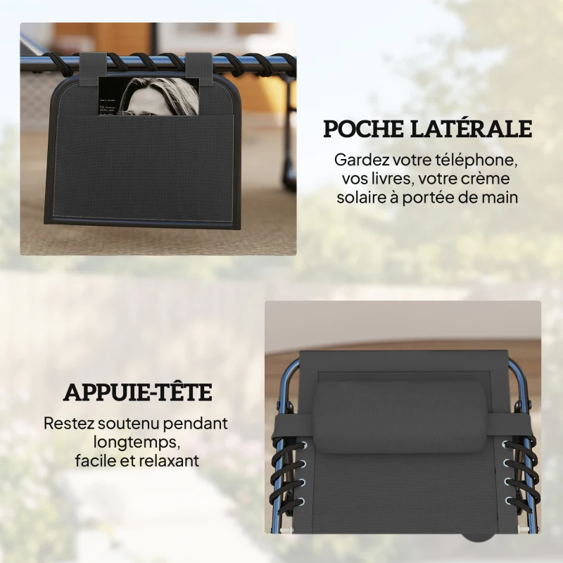 Outsunny Chaise longue jardin extérieur, Bain de soleil Pliable, dossier inclinable sur 5 positions, 200 x 57 x 38 cm, gris Foncé