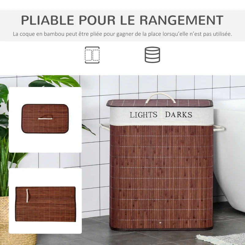HOMCOM Panier à linge 100L avec 2 bacs bambou pliable couvercle poignée avec Sac amovible et lavable marron