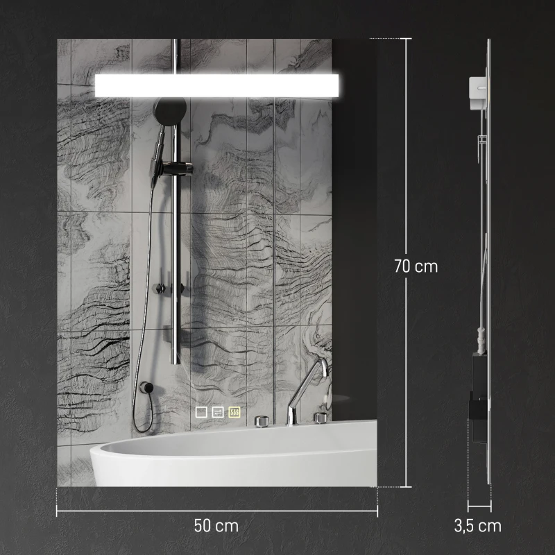 HOMCOM Espelho de Casa de Banho com Luz LED 70x50 cm 3 Cores de Luz Função Antiembaciamento Função de Memória IP44 Prata