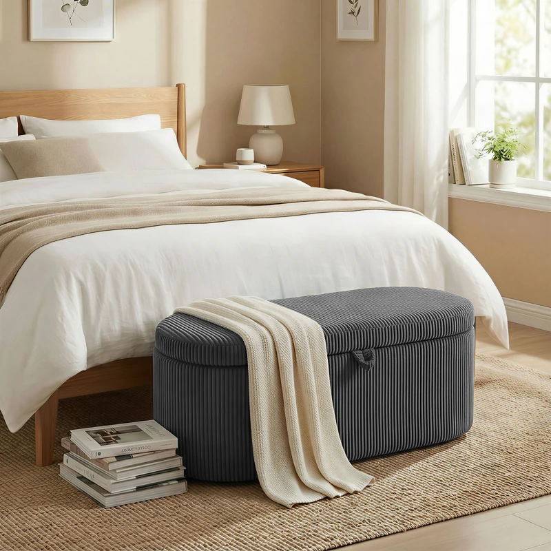 HOMCOM Storage Ottoman, Corduroy Upholstered Ottoman Storage Box with Padded Seat, 105 x 51 x 49 cm, Dark Grey