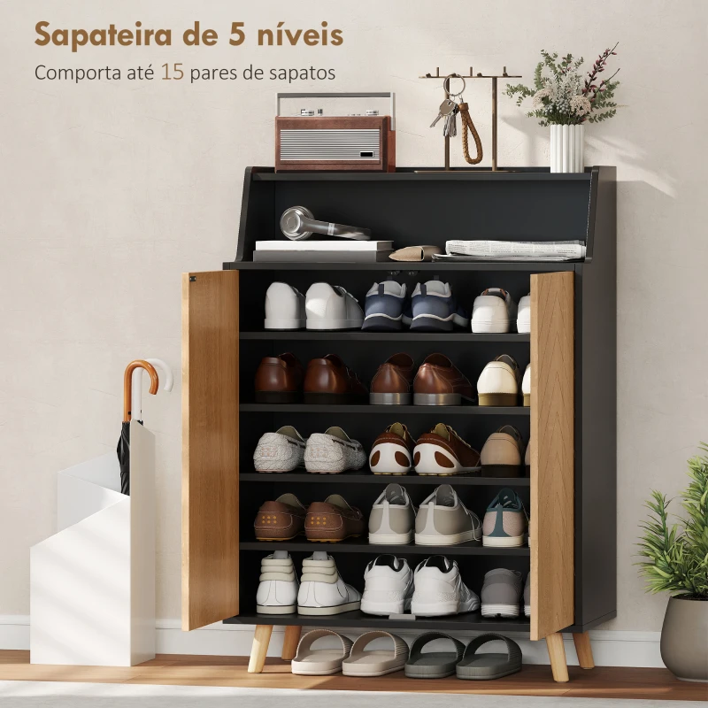 HOMCOM Sapateira para Entrada com Prateleiras Ajustáveis para 15 Pares de Sapatos 75x35x104 cm Preto e Madeira