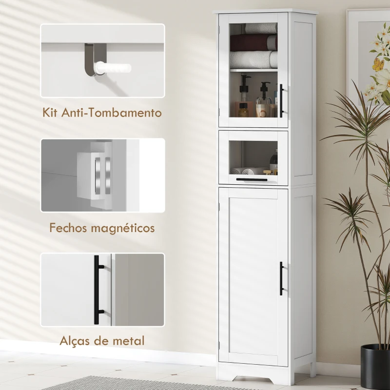 HOMCOM Coluna Casa de Banho com Porta de Vidro Prateleiras Ajustáveis Gaveta para Espaços Pequenos 40x31x170 cm Branco