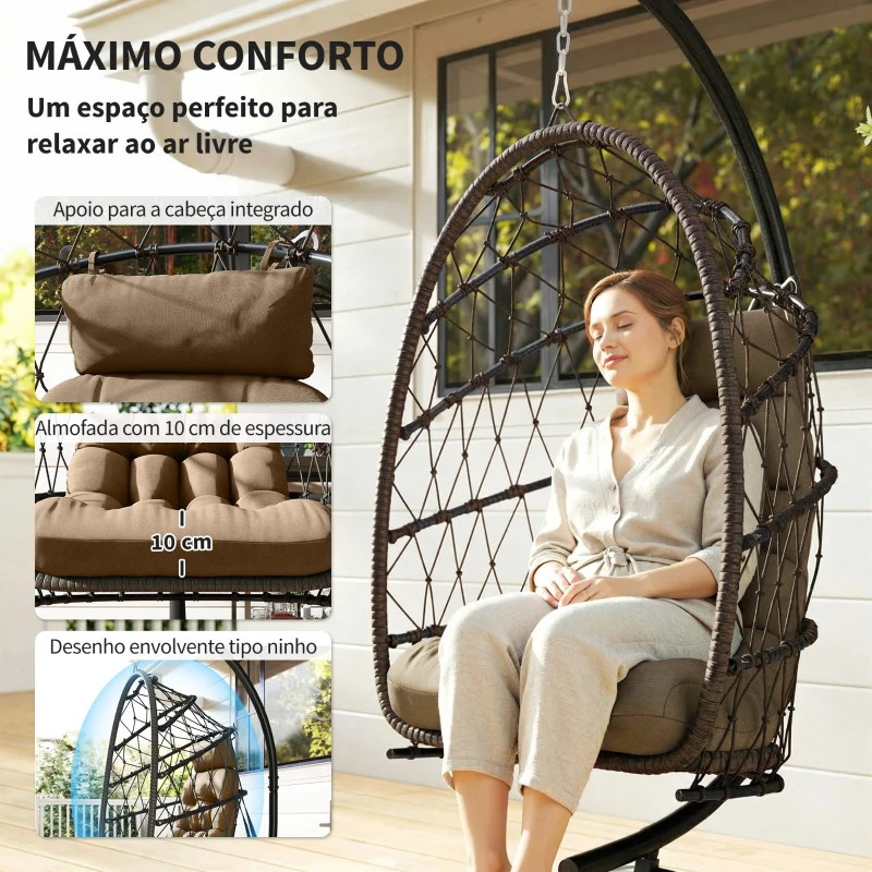 Outsunny Cadeira Suspensa Tipo Ovo com Suporte Cesta Dobrável Almofada Apoio de Cabeça Capa Protetora e Corrente Capacidade 120 kg Castanho