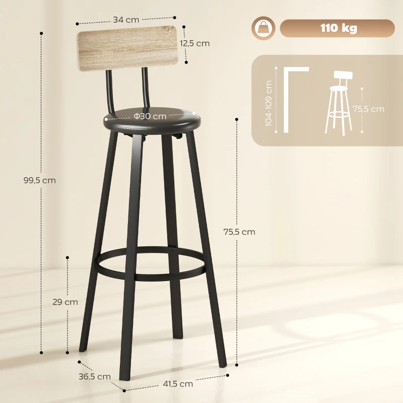 HOMCOM Conjunto de 2 Bancos de Bar Bancos Altos de Cozinha com Encosto e Apoio para Pés Estofados em PU Assento 41,5x36,5x99,5 cm Madeira e Preto