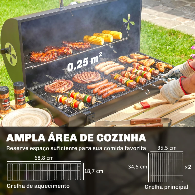 Outsunny Barbecue a Carvão Portátil Móvel com Prateleiras Dobráveis Termómetro Tampa Ventilações Ajustáveis 109x71x98 cm Preto