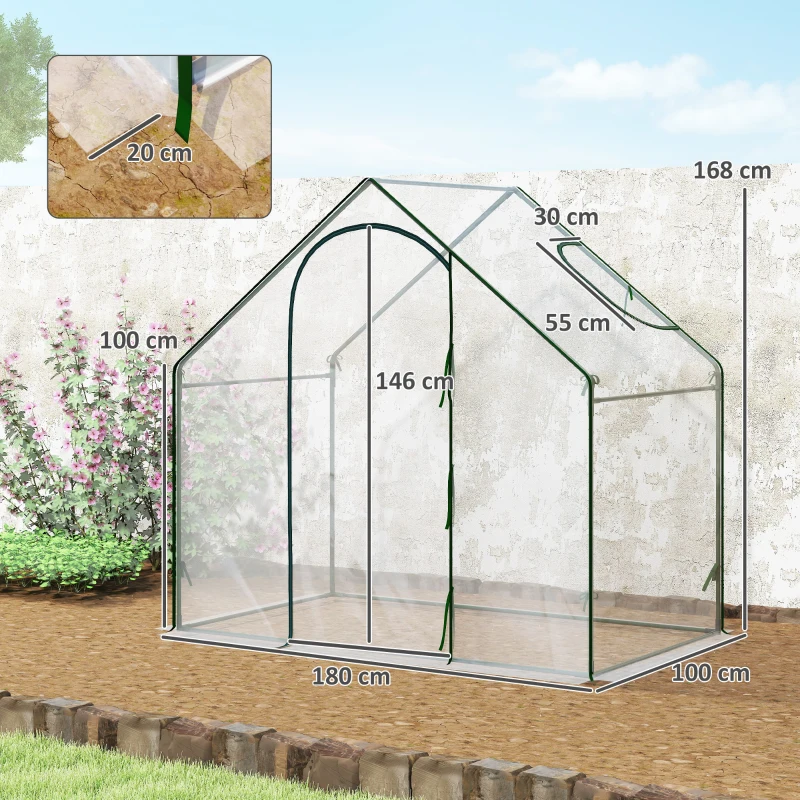 Outsunny Estufa com Janela Porta Estrutura de Aço e Cobertura de Plástico Impermeável Anti-UV 180x100x168 cm Transparente