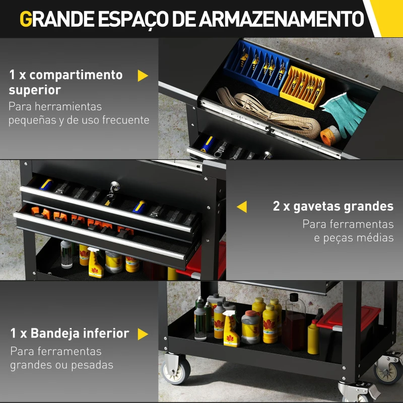 HOMCOM Carrinho de Ferramentas com Rodas Carrinho de Oficina Móvel com Tampa Deslizante 2 Gavetas com Fecho Bandeja 77,5–130x38x80 cm Preto