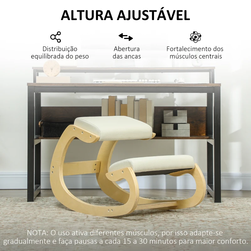 HOMCOM Cadeira Ergonómica de Joelhos com Almofadas Acolchoadas Estrutura de Madeira para Melhor Postura Escritório 55x85x55 cm Creme