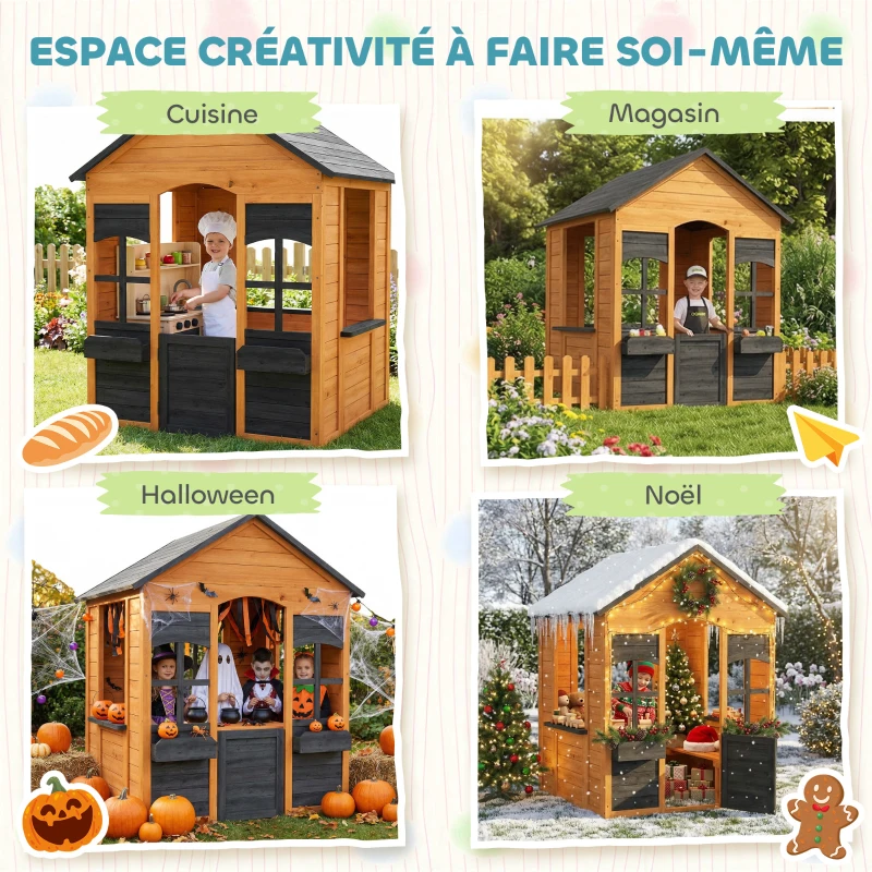 AIYAPLAY Cabane enfant extérieur en bois, maison enfant extérieure, demi-porte, fenêtres, bacs à fleurs, 3-8 ans, marron clair