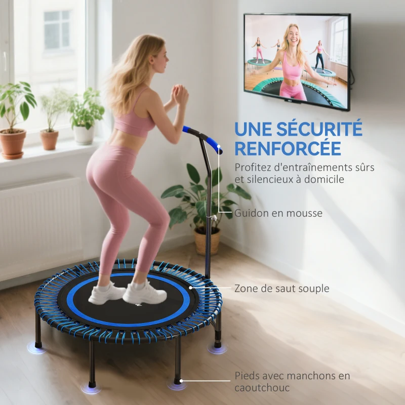 SPORTNOW Trampoline de fitness 114 cm, cordes élastiques, poignée réglable 5 positions, trampoline d'exercice silencieux, bleu