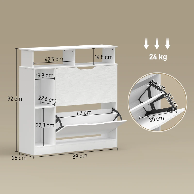 HOMCOM Meuble à chaussures, armoire à chaussures, 2 tiroirs rabattables, compartiments ouverts et étagère réglable, blanc