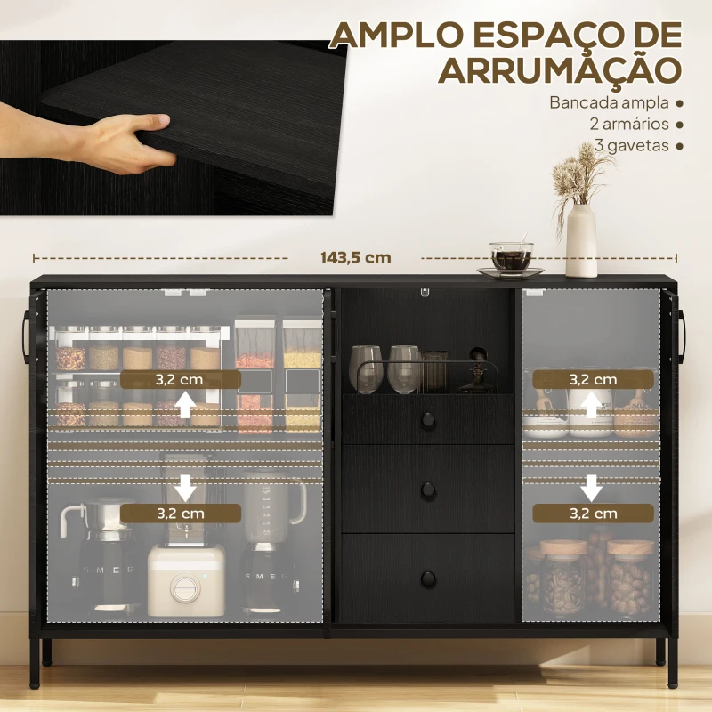 HOMCOM Aparador com 3 Portas e 3 Gavetas Prateleiras Ajustáveis para Cozinha, Entrada Sala de Jantar Quarto 143,5x40x90 cm Preto