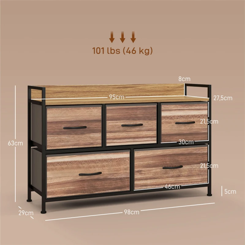 HOMCOM Cómoda com 5 Gavetas de Tecido Cómoda de Estilo Industrial com Estrutura Metálica para Quarto 98x29x63 cm Carvalho