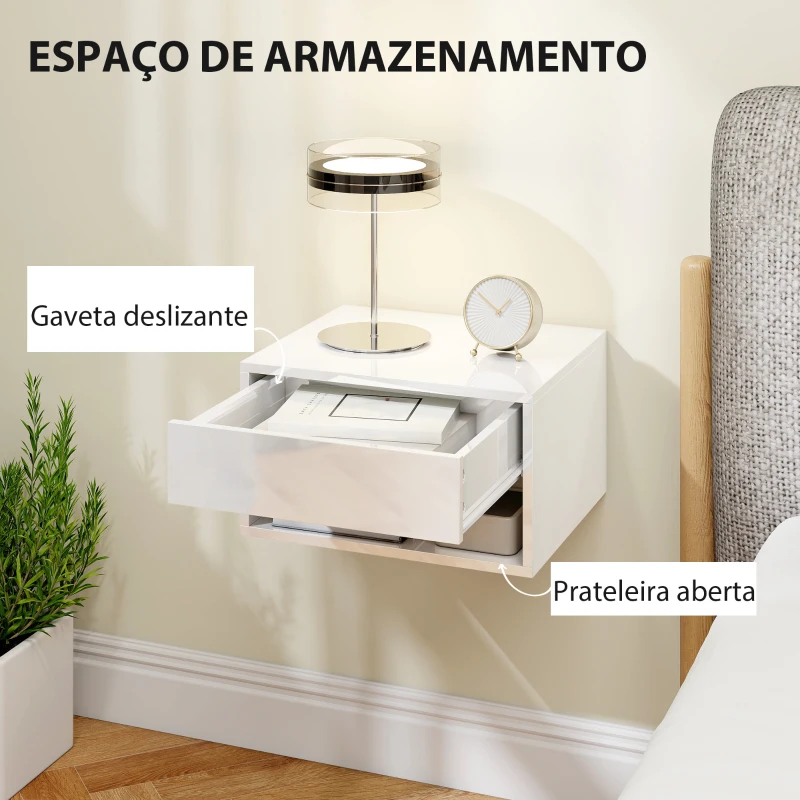 HOMCOM Conjunto de Mesas de Cabeceira Suspensas com Gaveta e Prateleira Aberta 37x32x21 cm Branco Brilhante