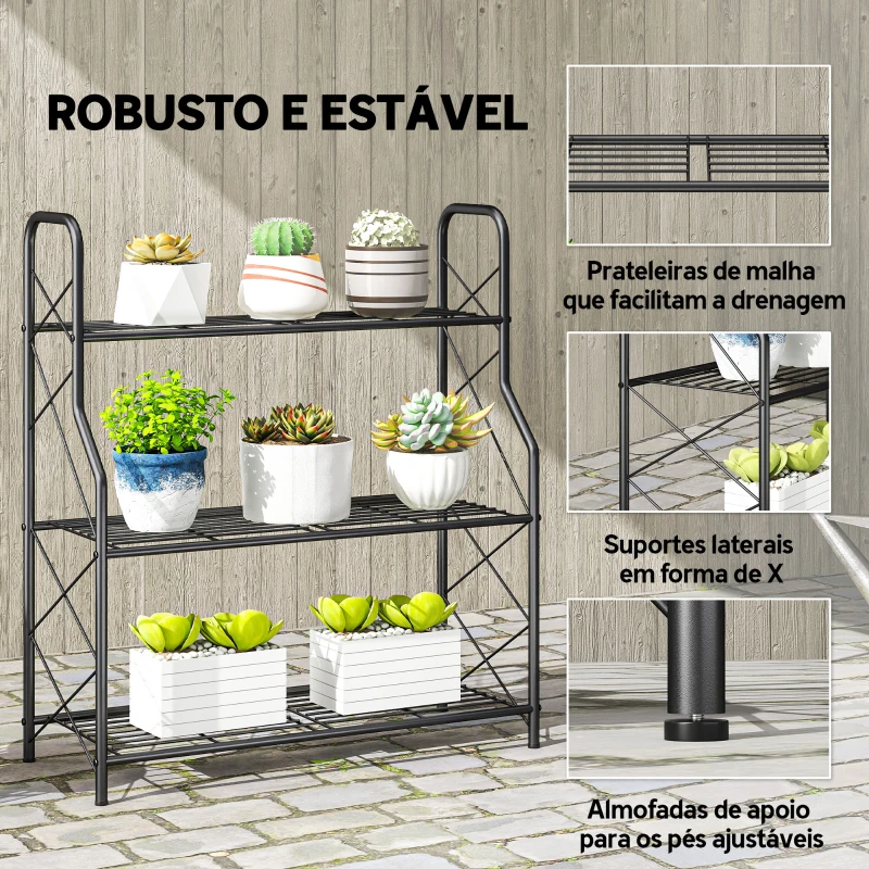 Outsunny Suporte para Plantas de 3 Níveis Estante Metálica Resistente para Interior e Exterior 69x28,5x78 cm Preto