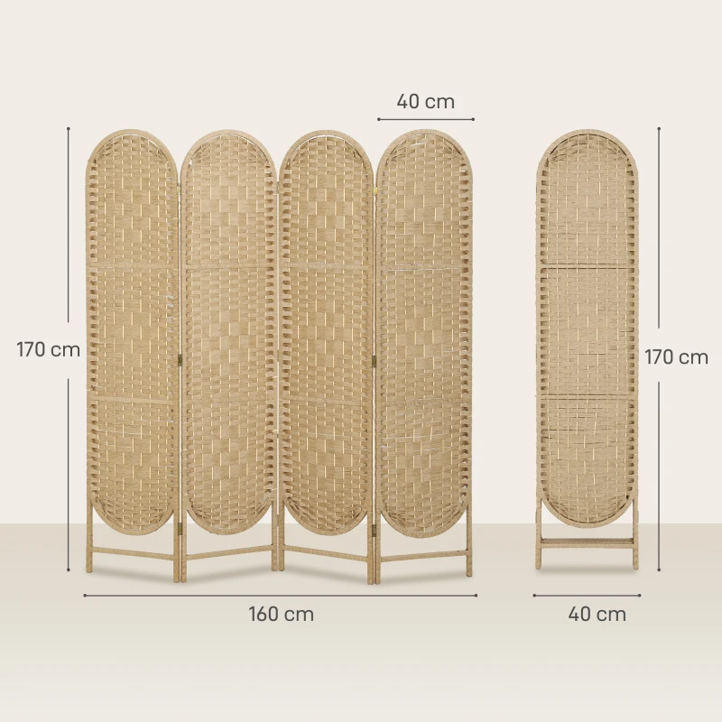 HOMCOM Biombo Separador de 4 Painéis 160x170 cm Painel de Privacidade Dobrável Boémio com Topo Arqueado Entrançado à Mão Madeira