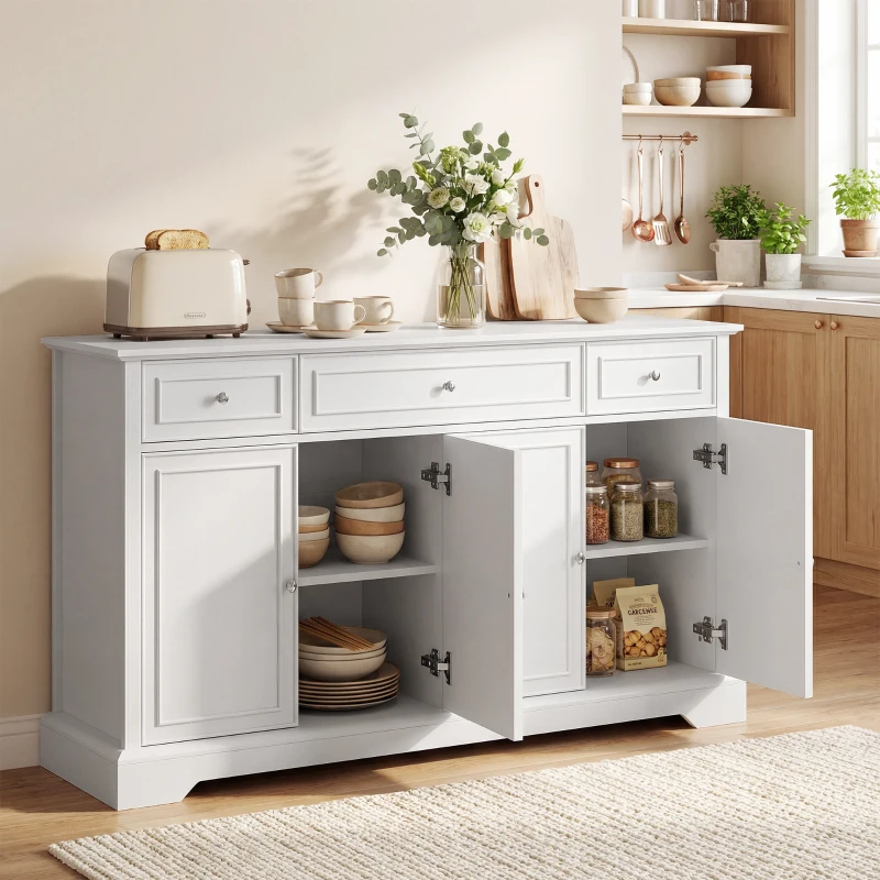 HOMCOM Buffet sala, móvel de arrumação com 3 gavetas, 4 portas com fecho suave e prateleiras ajustáveis, branco