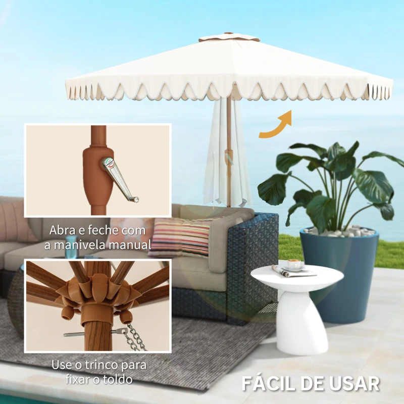 Outsunny Chapéu de Sol de Jardim Ø264x240 cm com Ângulo Ajustável Manivela e Toldo com Volantes Decorativos para Pátio Terraço Creme