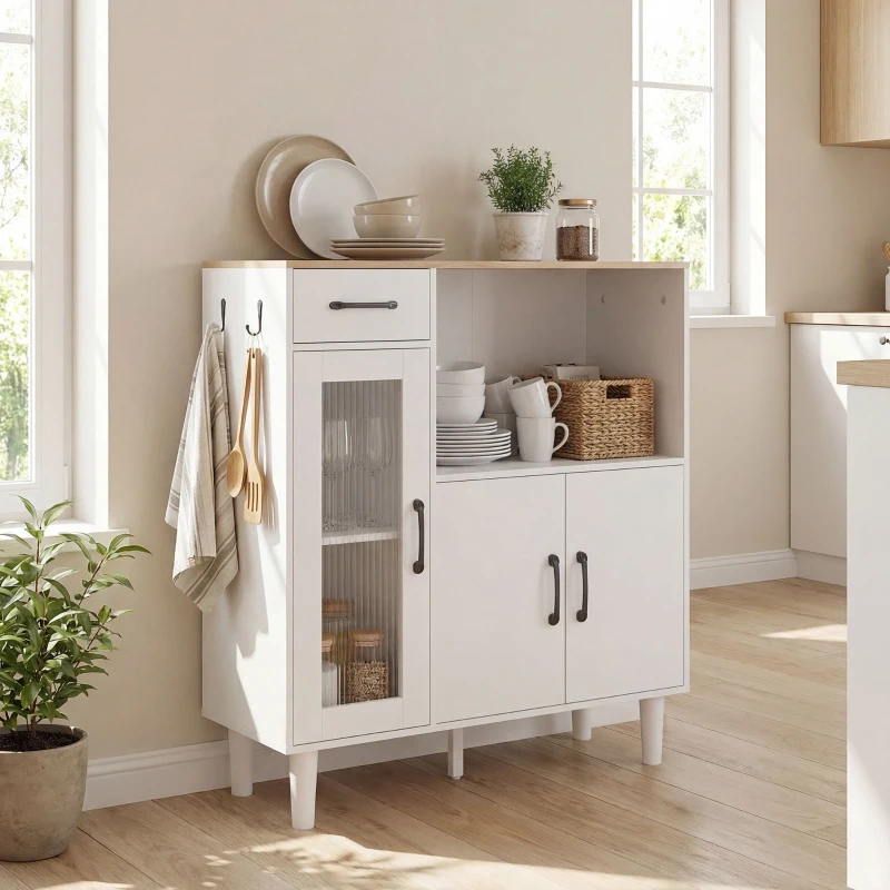 HOMCOM Bufet dulap de bucătărie cu sertar, 2 dulapuri, compartiment deschis, ușă acrilică nervurată 80 x 34 x 91 cm Alb+Stejar