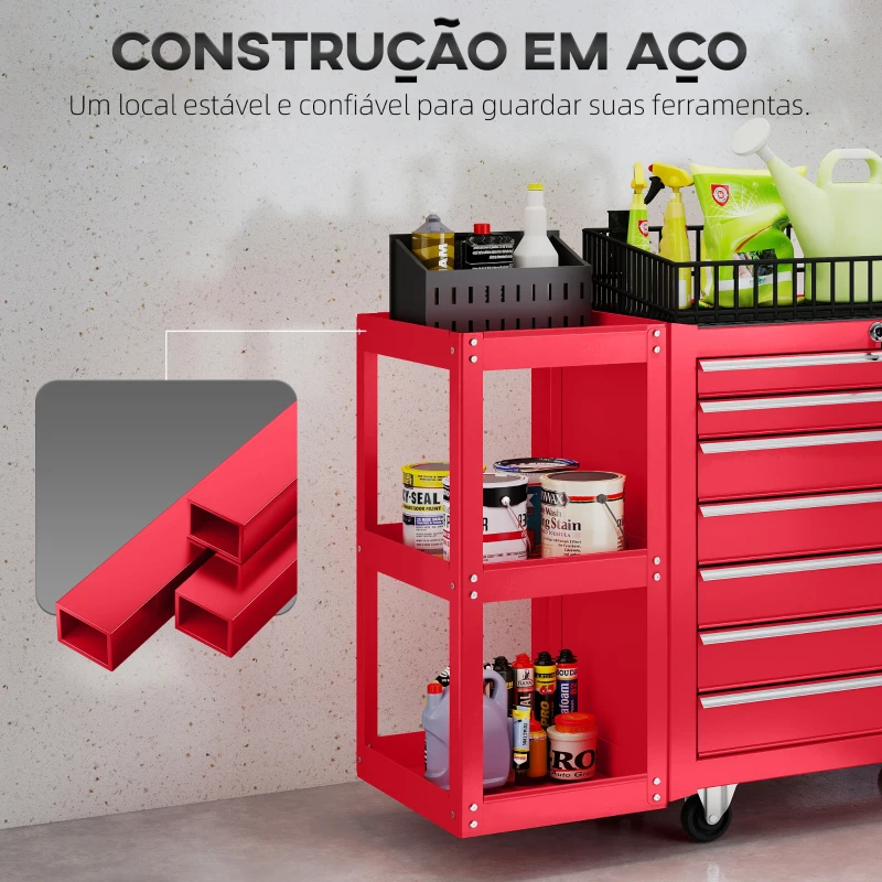 HOMCOM Carrinho de Ferramentas com 7 Gavetas Estante de 3 Níveis Removível Sistema de Fecho Central Asa 2 Rodas com Travão Vermelho