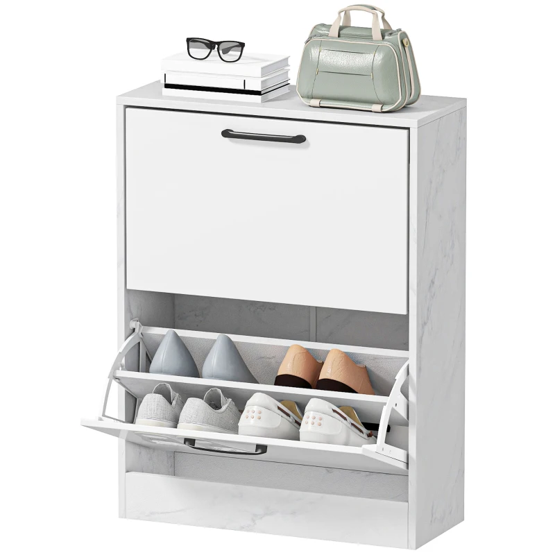 HOMCOM Sapateira Estreita 2 Portas de Alto Brilho com Prateleiras Ajustáveis Design Mármore para 8 Pares de Sapatos 60x24x80 cm Branco