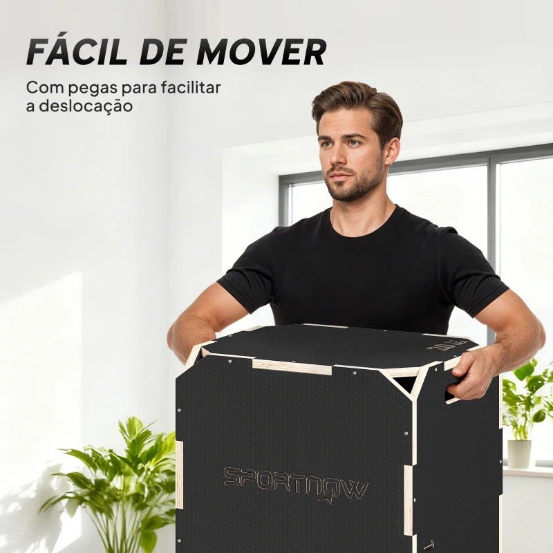 SPORTNOW Caixa Pliométrica de Madeira com 3 Alturas Diferentes para Treino de Salto Força em Casa Ginásio e Exterior 51x47,5x40,5 cm Preto