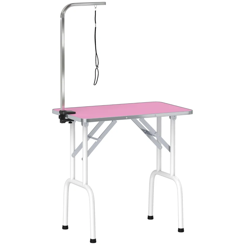 PawHut 32" Foldable Dog Grooming Table Pet Drying Beauty Table Adjustable Fixed Arm Rubber Top, Pink