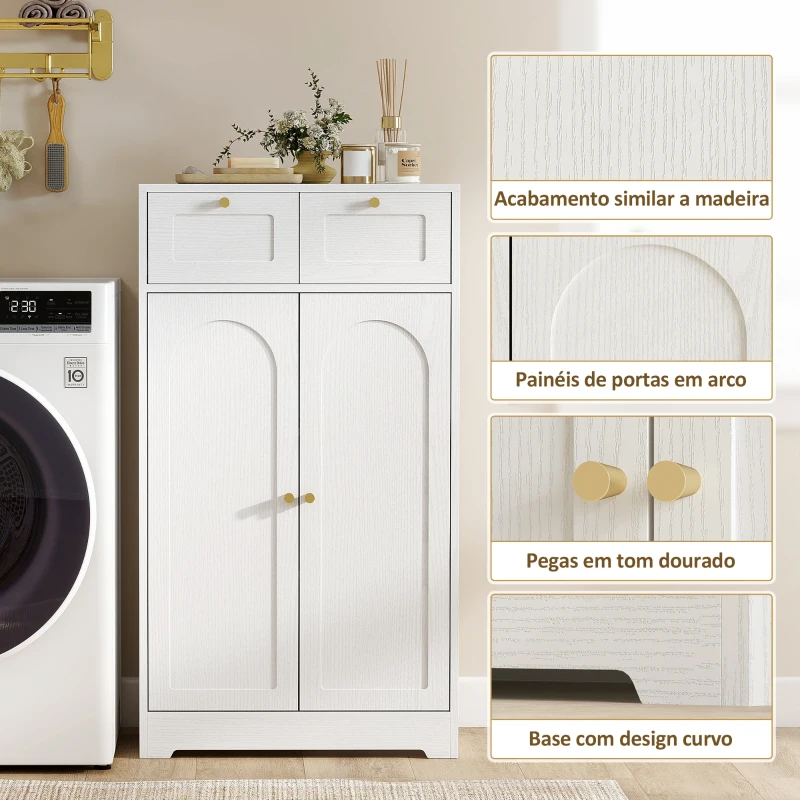 HOMCOM Armário de Casa de Banho Estreito com 2 Gavetas Prateleira Aberta e Porta com Painel Arqueado 60x30x108 cm Branco Texturizado