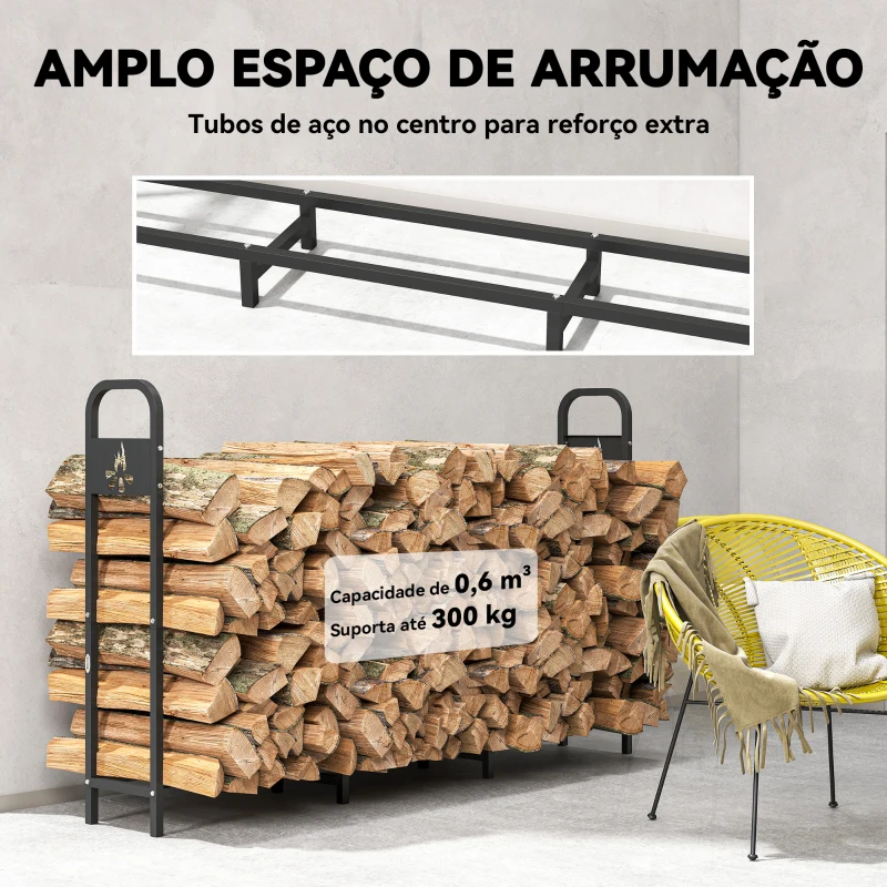 Outsunny Suporte Metálico para Lenha 199x30x121 cm Suporte para Lenha de Exterior com Estrutura de Aço Pés Extra Preto