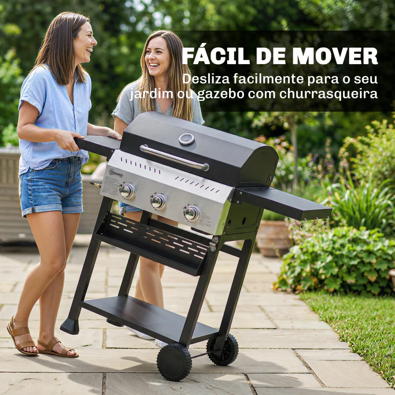 Outsunny Barbecue a Gás com 3 Queimadores 9 kW Termómetro Mesas Laterais Dobráveis e 2 Rodas Ganchos Preto