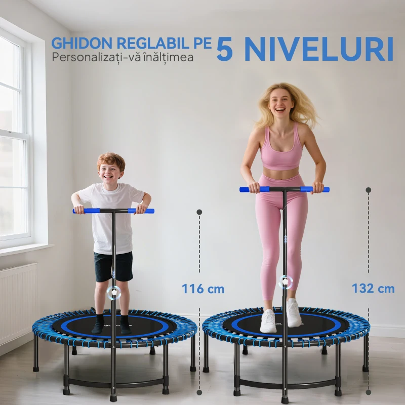 SPORTNOW Trampoline de fitness 114 cm, cordes élastiques, poignée réglable 5 positions, trampoline d'exercice silencieux, bleu