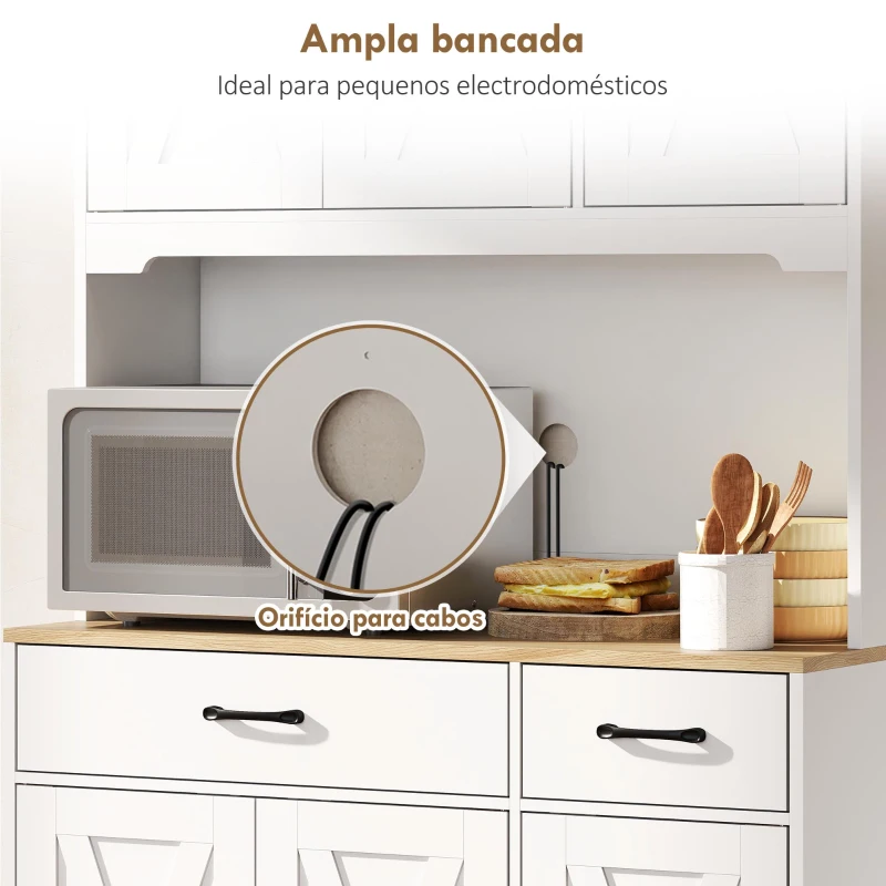 HOMCOM Armário de Cozinha Alto Móvel Auxiliar de Cozinha com Bancada Aberta para Micro-Ondas 2 Gavetas Prateleiras Ajustáveis 94x39,5x175,2 cm Branco