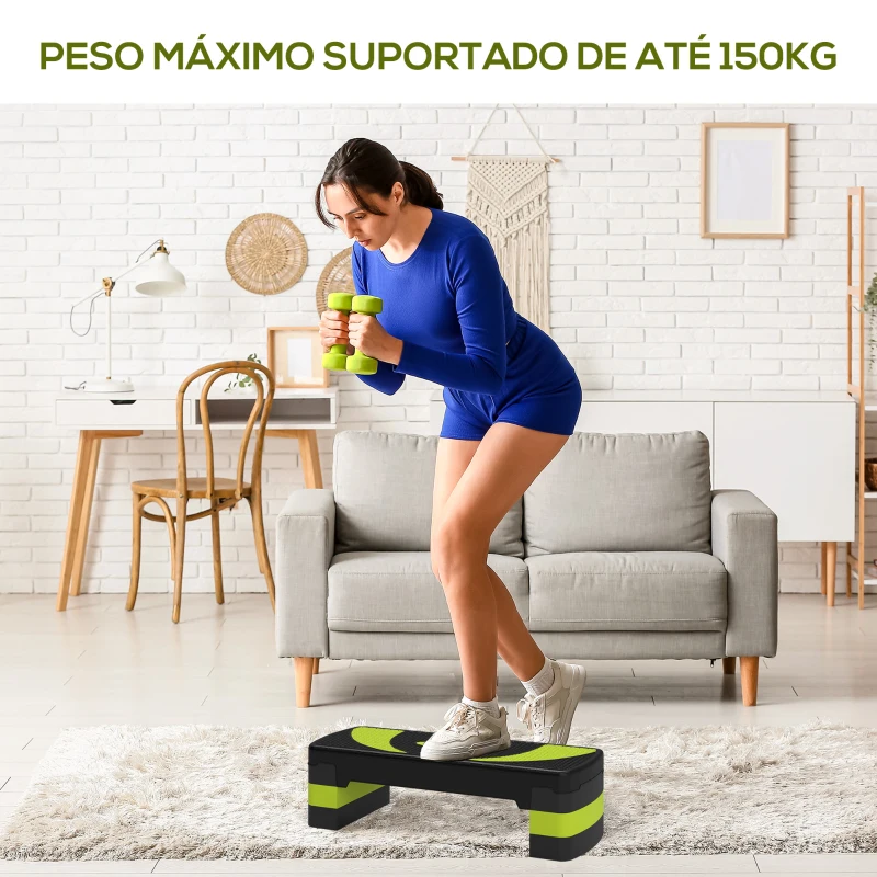 HOMCOM Step para Exercício Aeróbico Plataforma Step com Altura Ajustável em 3 Níveis 80x31x10-20 cm Verde e Preto