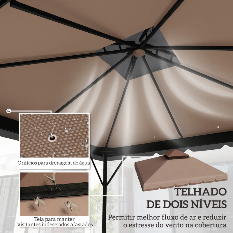 Outsunny Toldo de Substituição 3x3 m com Teto Duplo Orifícios de Drenagem e UPF 30+ Apenas Toldo NÃO Inclui Estrutura Caqui