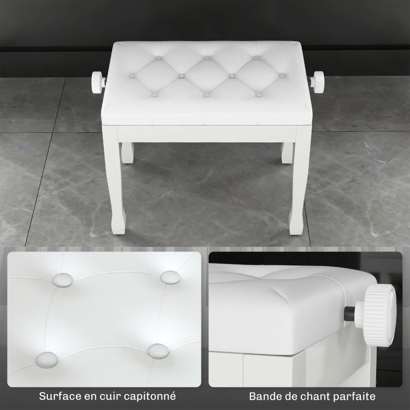 HOMCOM Banc de piano, banc de clavier réglable en hauteur en bois massif, siège rembourré, 64 x 35 x 45-55 cm, blanc