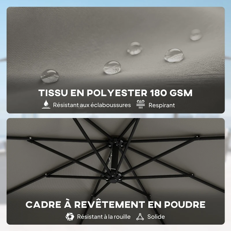 Outsunny Parasol Déporté de Jardin 3 m avec Base Croisée, Sac de Sable, Parasol Banane Rotatif 360°, Gris