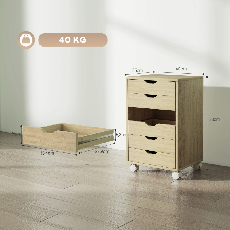 HOMCOM Bloco de Gavetas Móvel Arquivador com 6 Gavetas Suporte para Impressora com Rodas 40x35x63 cm Madeira