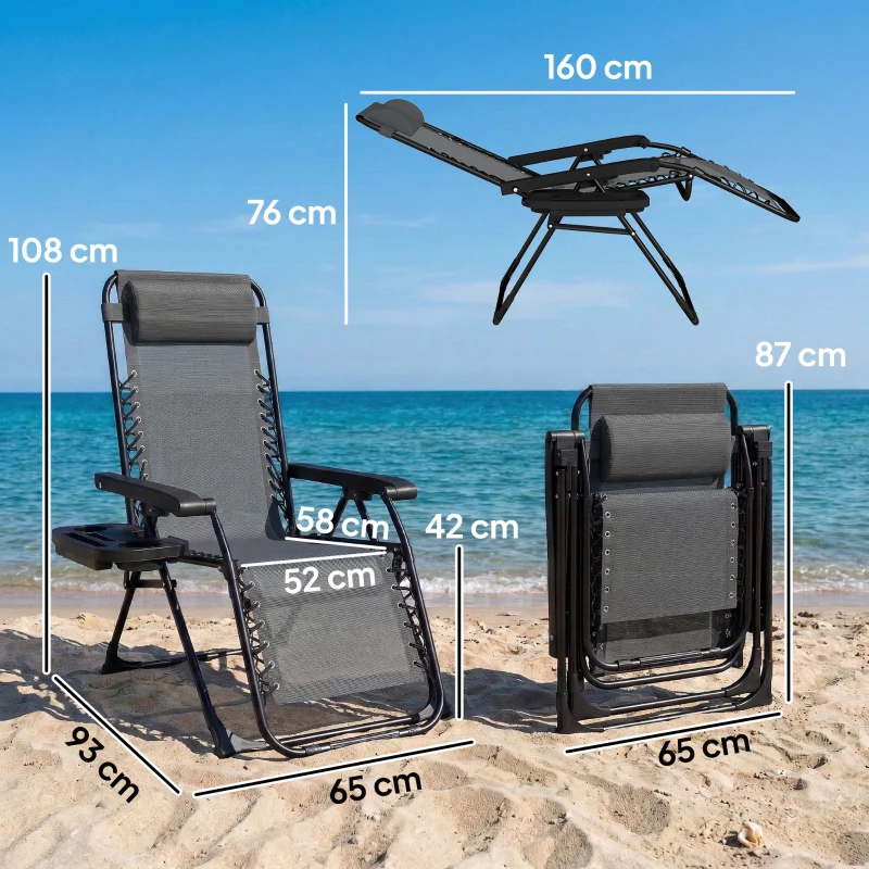 Outsunny Zero Gravity Chair, Folding Sun Lounger Reclining Garden Chair with Arm Pads, Cushion, Cup Holder, Headrest, Light Grey