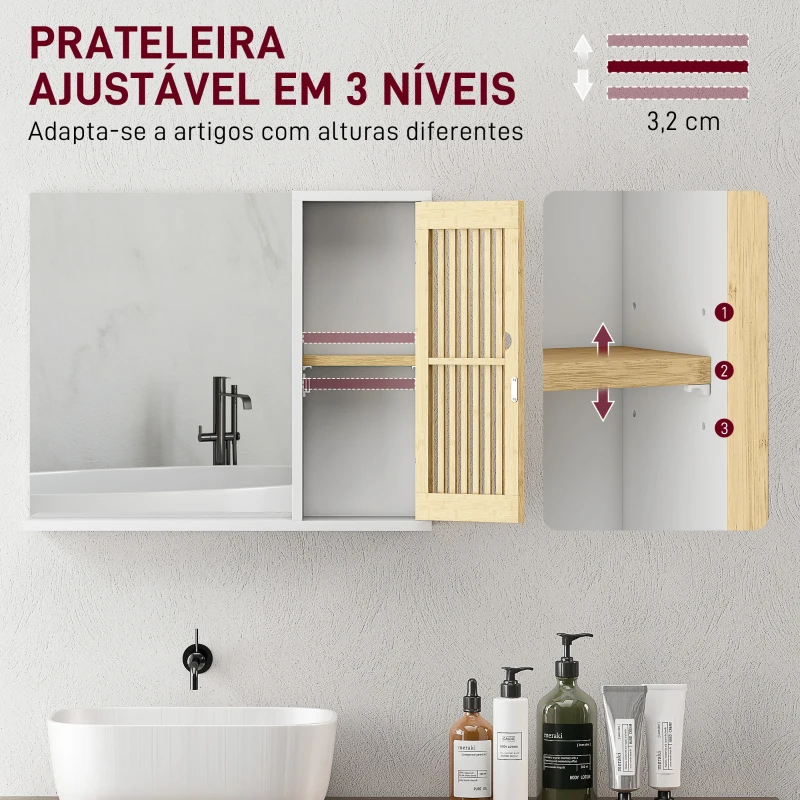 HOMCOM Espelho de Casa de Banho 60x50 cm Espelho de Parede com Porta de Ripas de Bambu Prateleiras de Arrumação Branco e Madeira