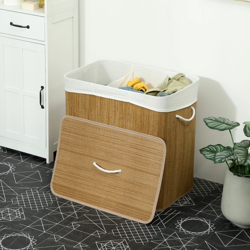 HOMCOM Cesto de Roupa Suja com Tampa 144L Cesto de Roupa Suja de Bambu com 3 Compartimentos 60x40x60 cm Castanho