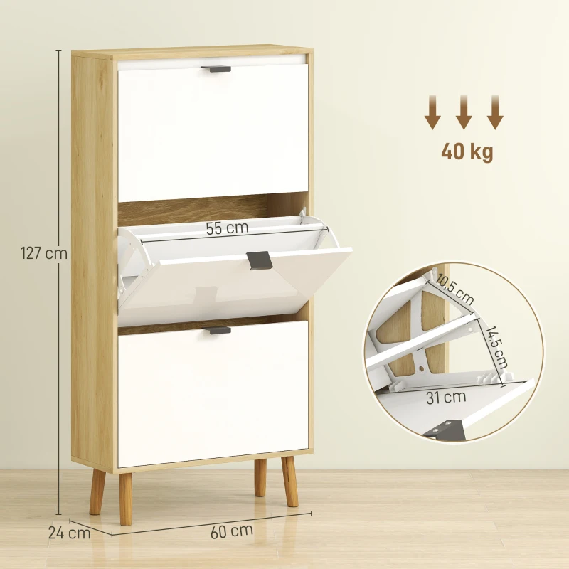 HOMCOM Sapateira Estreita com 3 Portas em Branco Brilhante Prateleiras Ajustáveis Pernas de Madeira para 18 Pares de Sapatos 60x24x127 cm
