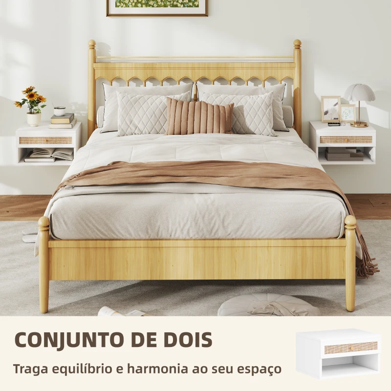 HOMCOM Conjunto de 2 Mesas de Cabeceiras Suspensas com Compartimento Aberto e Gaveta com Frente em Vime 40x34x23 cm Branco