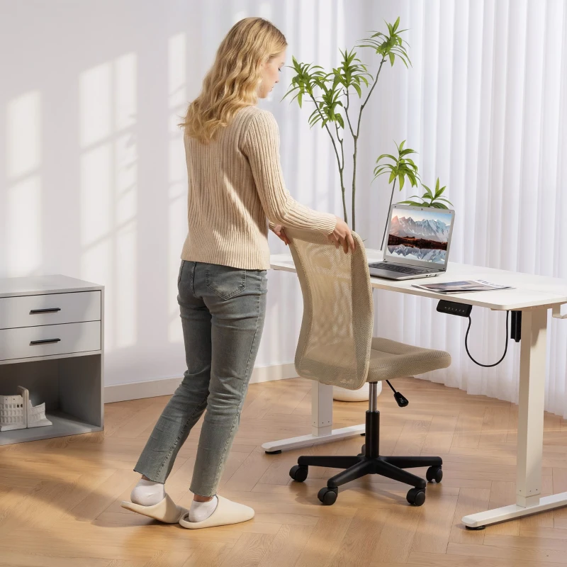 Vinsetto Computer Desk Chair, Mesh Office Chair with Adjustable Height and Swivel Wheels, Armless Study Chair, Beige