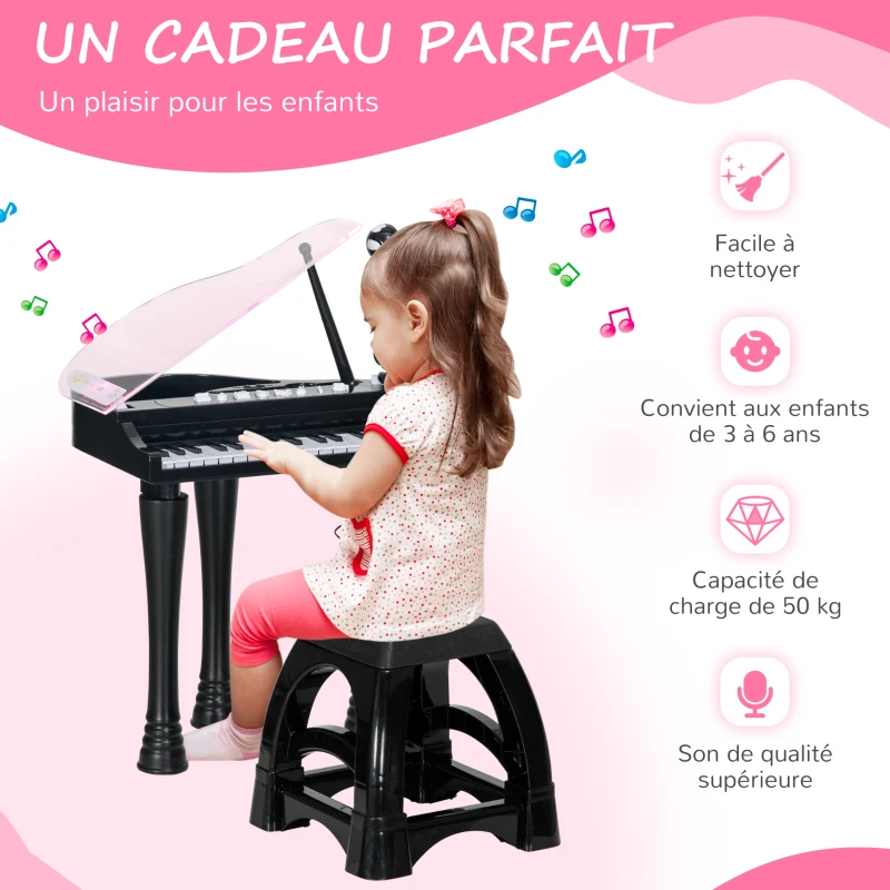 AIYAPLAY Piano enfant électronique 32 touches multifonctions avec micro haut parleur tabouret couvercle lumineux LED noir