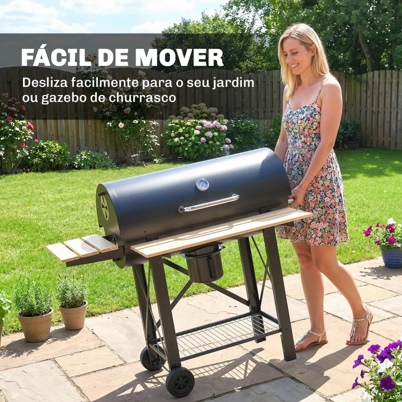 Outsunny Barbecue a Carvão Portátil Móvel com Prateleiras Dobráveis Termómetro Tampa Ventilações Ajustáveis 109x71x98 cm Preto
