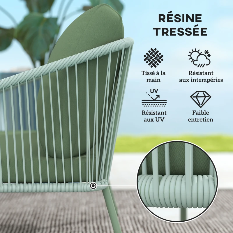 Outsunny Canapé de jardin 2 places en résine tressée avec coussins canapé d'extérieur accoudoirs cadre en acier 112x72x76cm vert