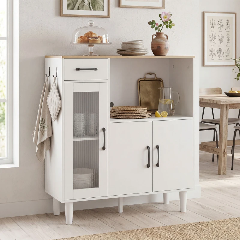 HOMCOM Bufet dulap de bucătărie cu sertar, 2 dulapuri, compartiment deschis, ușă acrilică nervurată 80 x 34 x 91 cm Alb+Stejar