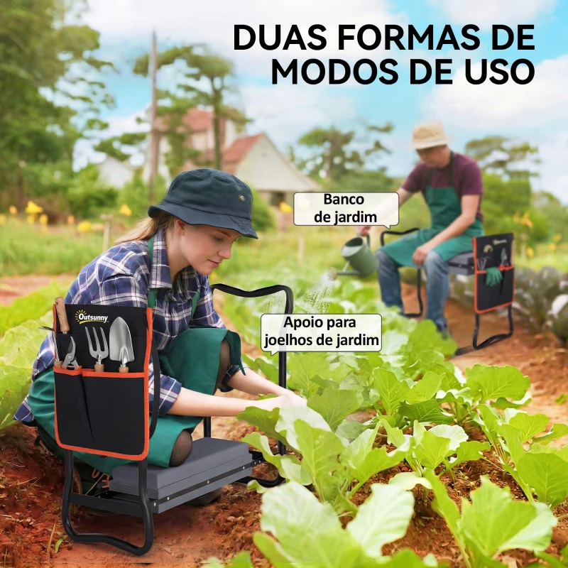 Outsunny Banco de Jardim Dobrável com Almofada de EVA e Bolsa para Ferramentas na Cintura, Carga 150 kg