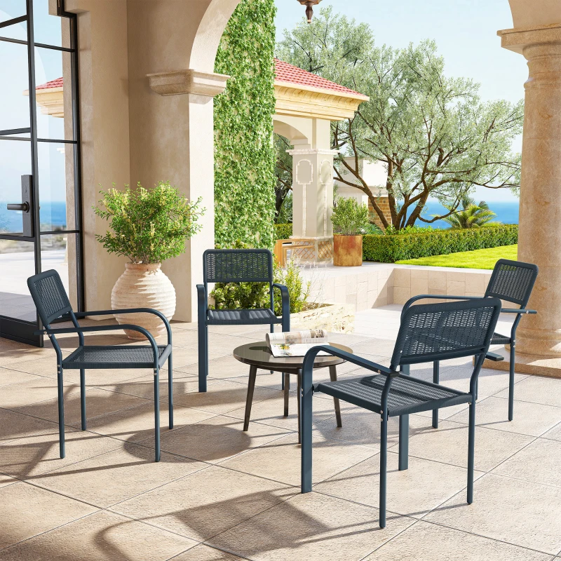 Outsunny Conjunto de 4 Cadeiras de Jardim Empilháveis com Apoios de Braços Encosto e Estrutura de Aço 55x60x83 cm Cinzento Escuro