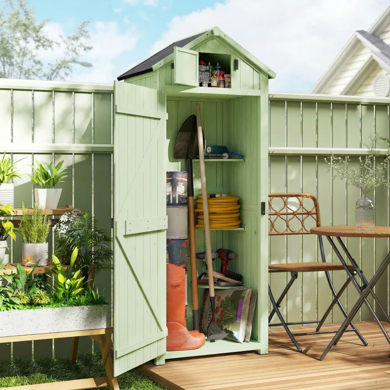 Outsunny Armário de Jardim de Madeira - Cobertizo de Arrumação com Prateleiras 77x54,2x179 cm Verde
